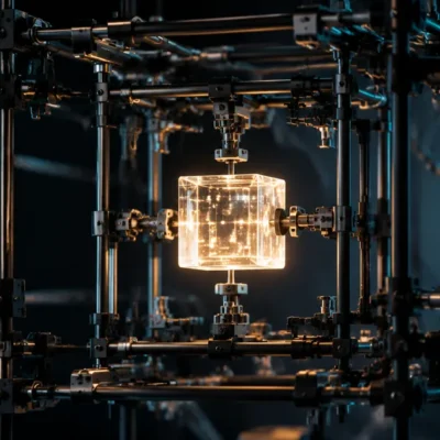 A matte-black industrial scaffolding rig of struts and clamps cradling a small glowing translucent cube of light