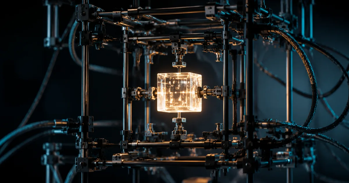 A matte-black industrial scaffolding rig of struts and clamps cradling a small glowing translucent cube of light