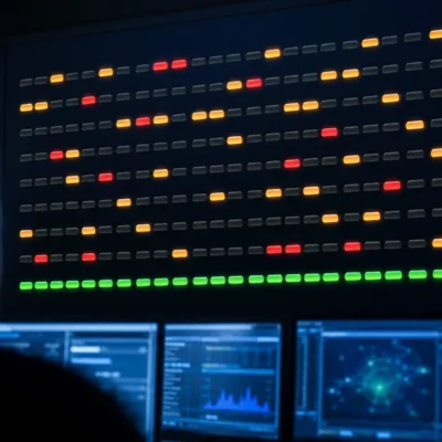 Dark network operations center wall display showing rows of amber and red status indicators, with a single unbroken row of green indicators along the bottom