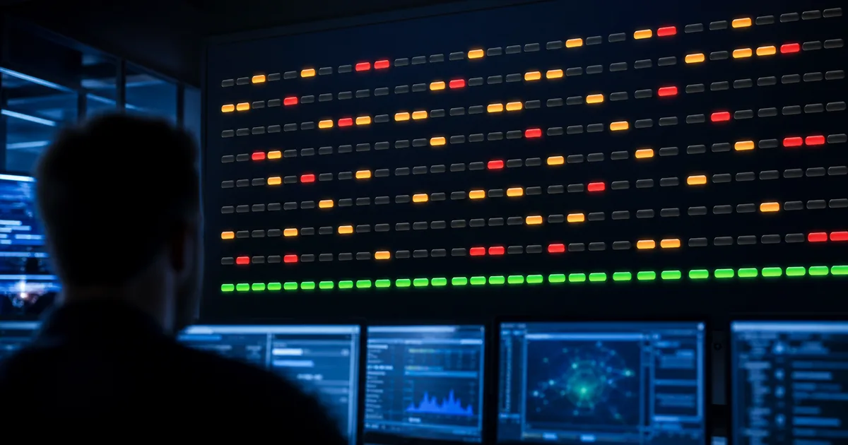 Dark network operations center wall display showing rows of amber and red status indicators, with a single unbroken row of green indicators along the bottom