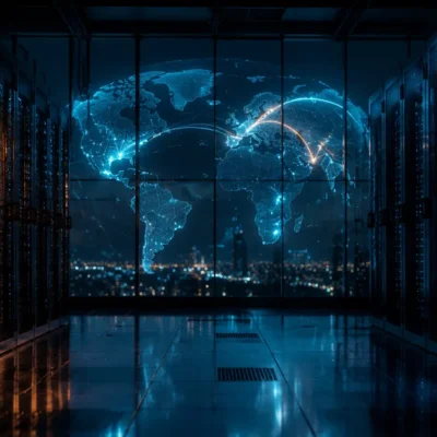 Dark data center corridor lined with server racks, facing a glass wall behind which a luminous wireframe globe shows bright arcs curving between separated regional clusters