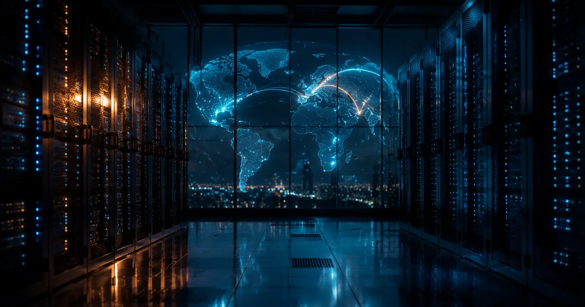 Dark data center corridor lined with server racks, facing a glass wall behind which a luminous wireframe globe shows bright arcs curving between separated regional clusters