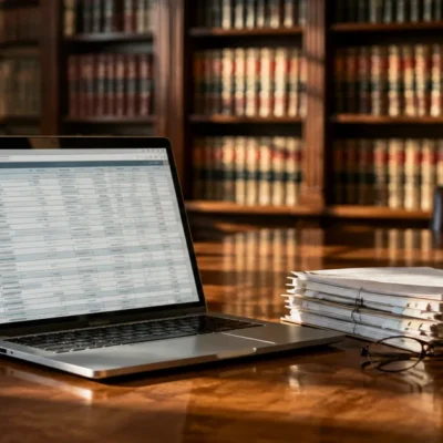 Empty corporate law library at dawn with shelves of bound legal volumes and an open laptop on a walnut table displaying a structured data table