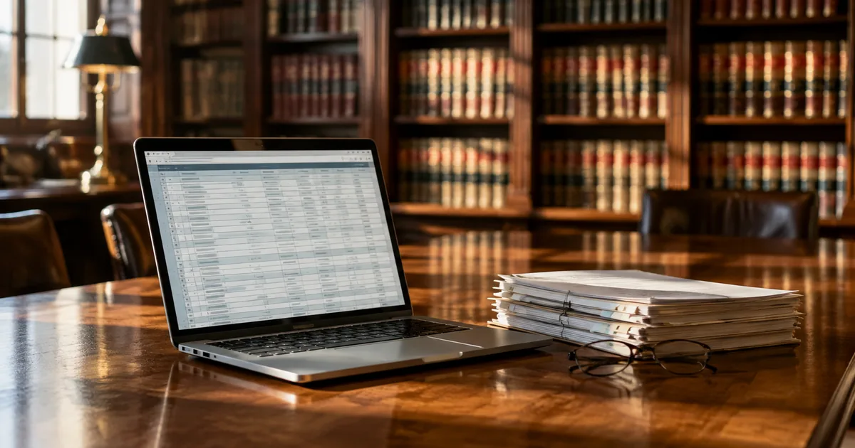 Empty corporate law library at dawn with shelves of bound legal volumes and an open laptop on a walnut table displaying a structured data table