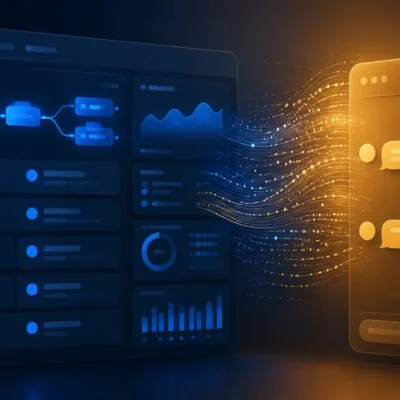 A dark blue enterprise sales dashboard on the left dissolving into a stream of light particles that flow into a glowing amber chat interface on the right