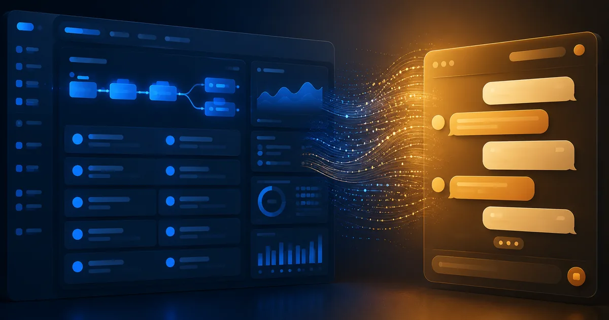 A dark blue enterprise sales dashboard on the left dissolving into a stream of light particles that flow into a glowing amber chat interface on the right