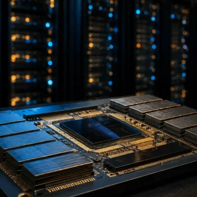 A reticle-sized AI inference processor package with stacked memory modules in the foreground, with blurred rows of data center server racks behind it