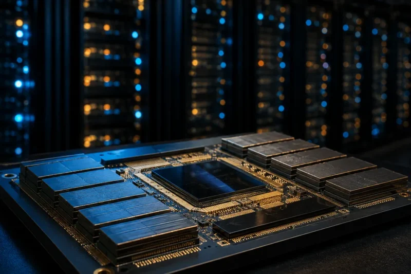 A reticle-sized AI inference processor package with stacked memory modules in the foreground, with blurred rows of data center server racks behind it