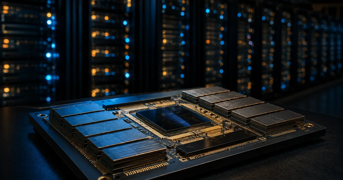 A reticle-sized AI inference processor package with stacked memory modules in the foreground, with blurred rows of data center server racks behind it