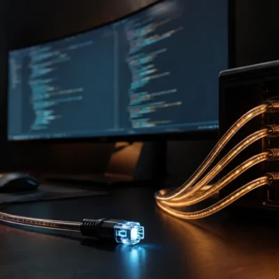 A dark studio developer workstation with several glowing fiber cables running into it and one cable unplugged and lying on the desk