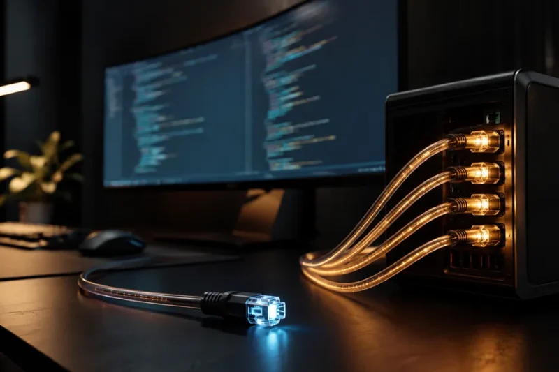 A dark studio developer workstation with several glowing fiber cables running into it and one cable unplugged and lying on the desk