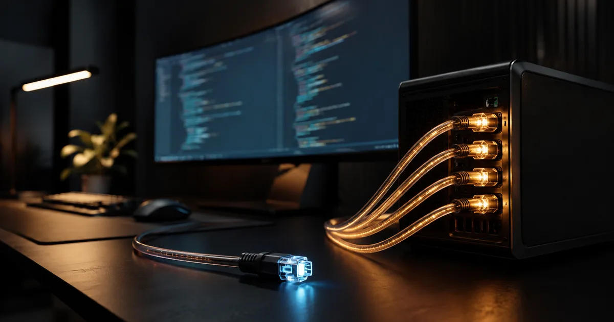 A dark studio developer workstation with several glowing fiber cables running into it and one cable unplugged and lying on the desk