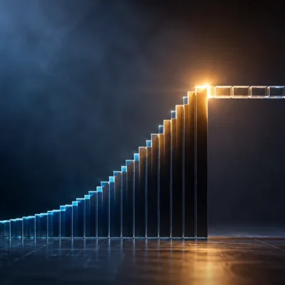 A glowing blue bar chart climbing steeply then flattening into a long level horizontal run, with a warm amber light at the point where the rise stops