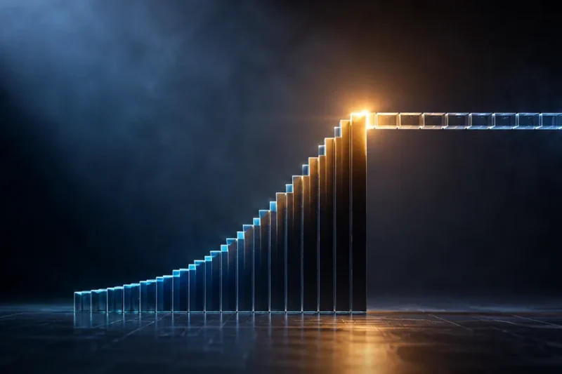 A glowing blue bar chart climbing steeply then flattening into a long level horizontal run, with a warm amber light at the point where the rise stops