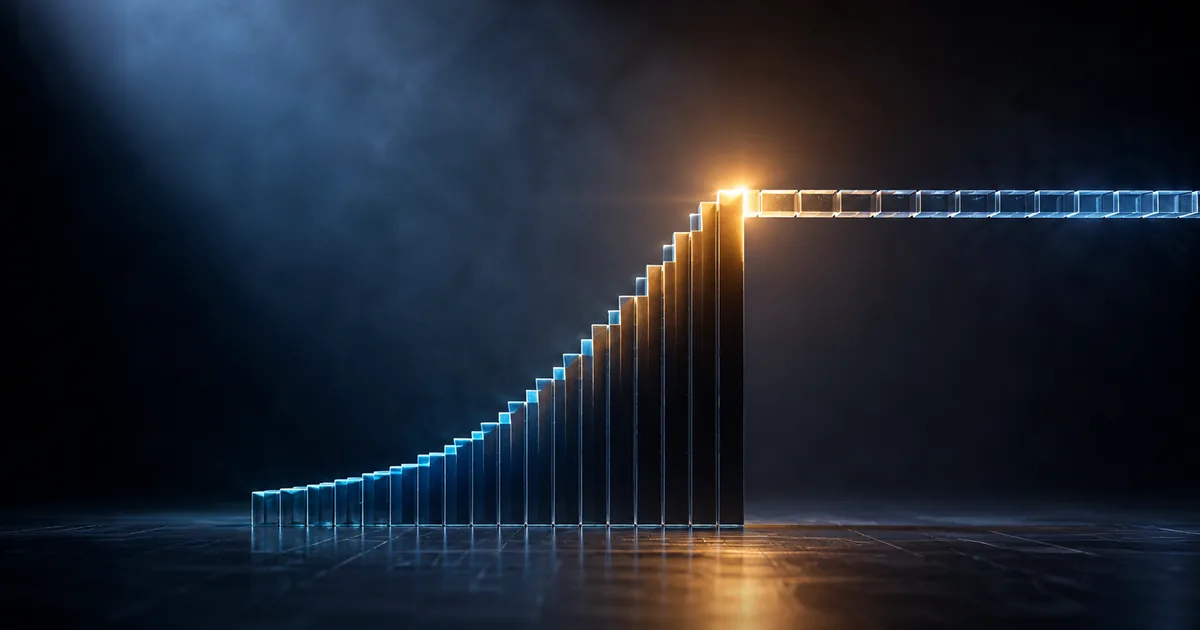 A glowing blue bar chart climbing steeply then flattening into a long level horizontal run, with a warm amber light at the point where the rise stops