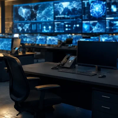 A military-style secure operations center at dusk, rows of glowing blue monitors and a video wall, with one workstation in the foreground powered down and its chair empty
