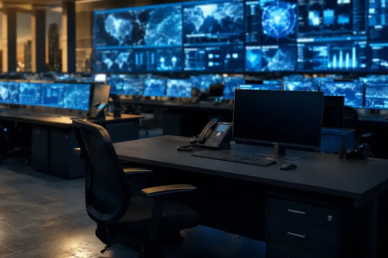 A military-style secure operations center at dusk, rows of glowing blue monitors and a video wall, with one workstation in the foreground powered down and its chair empty