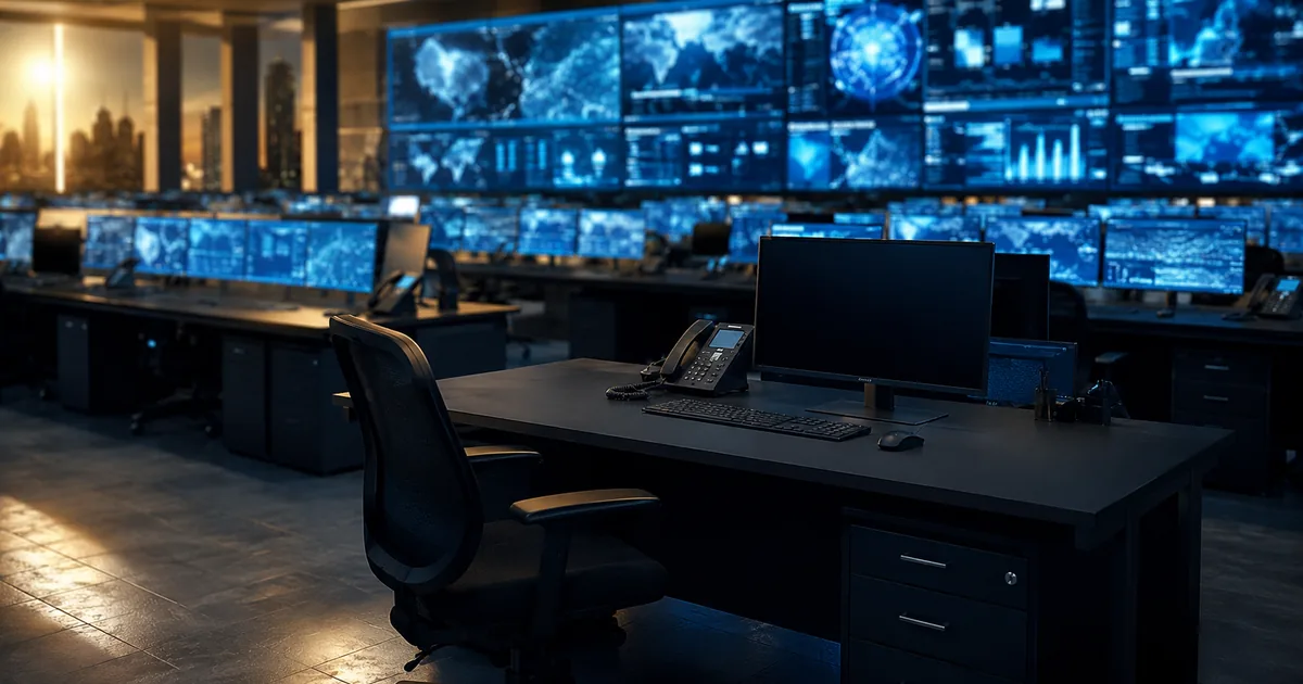 A military-style secure operations center at dusk, rows of glowing blue monitors and a video wall, with one workstation in the foreground powered down and its chair empty