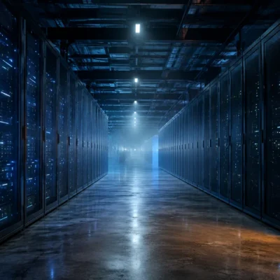 Dark data center corridor with rows of server racks lit blue, and one rack section on the right glowing amber