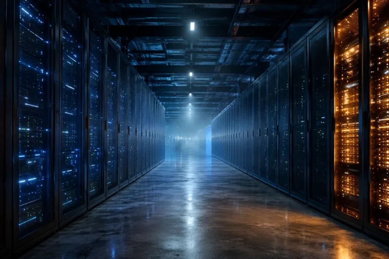 Dark data center corridor with rows of server racks lit blue, and one rack section on the right glowing amber