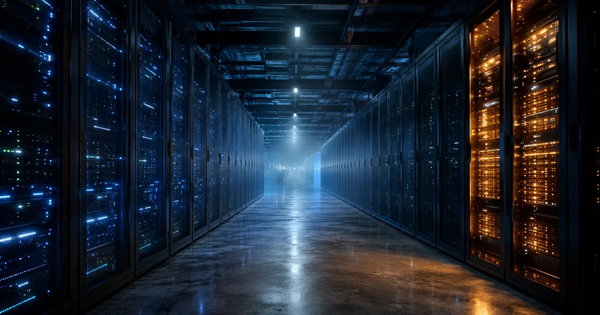 Dark data center corridor with rows of server racks lit blue, and one rack section on the right glowing amber