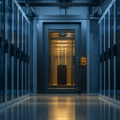 A data center corridor of blue-lit server racks leading to a single glass enclosure sealed behind a secure door with a glowing amber access reader
