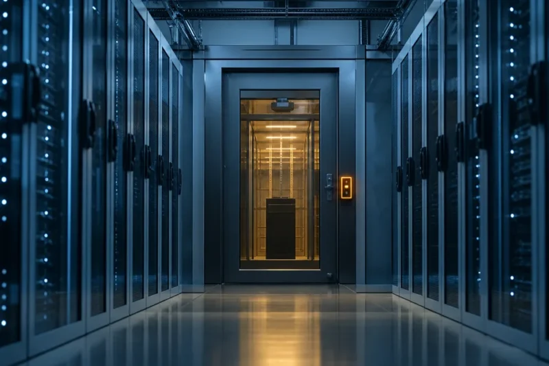 A data center corridor of blue-lit server racks leading to a single glass enclosure sealed behind a secure door with a glowing amber access reader
