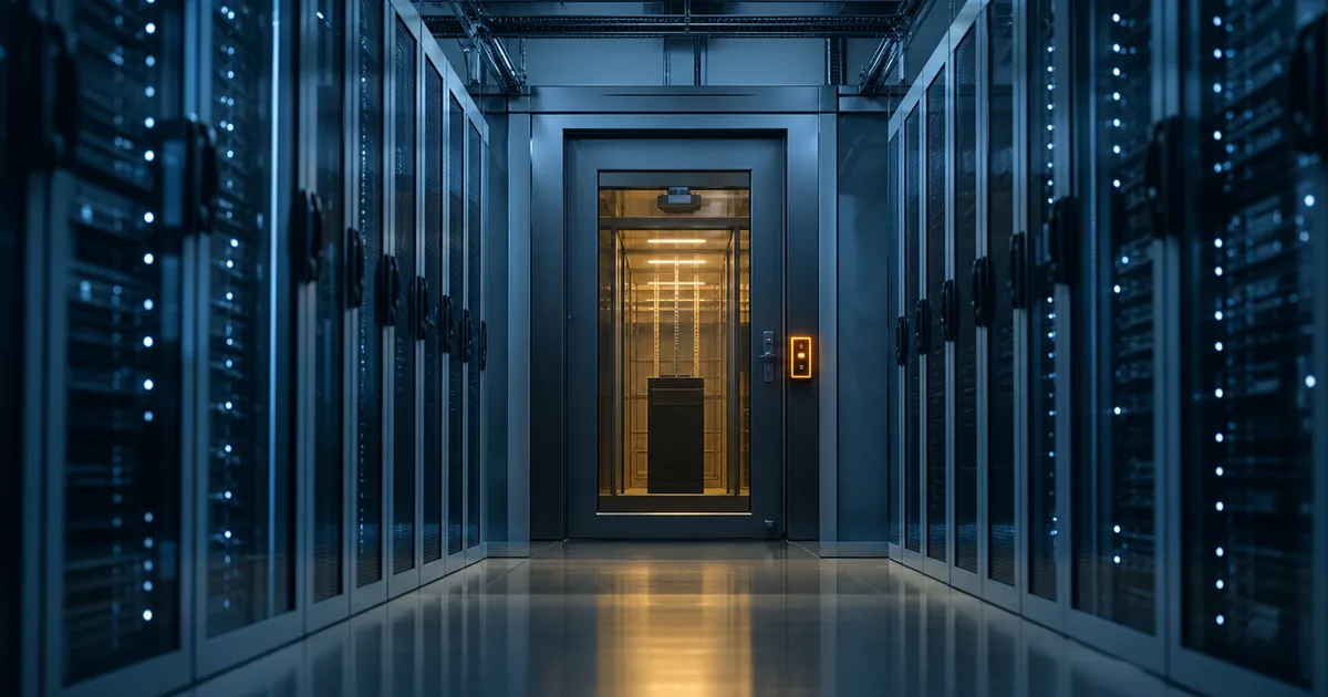 A data center corridor of blue-lit server racks leading to a single glass enclosure sealed behind a secure door with a glowing amber access reader