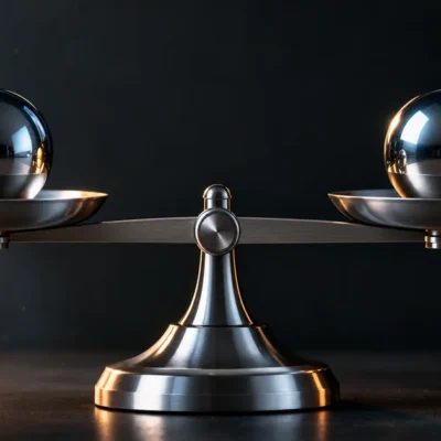 A polished steel balance scale sitting perfectly level, with an identical mirror-polished chrome sphere on each pan, lit against a dark charcoal background