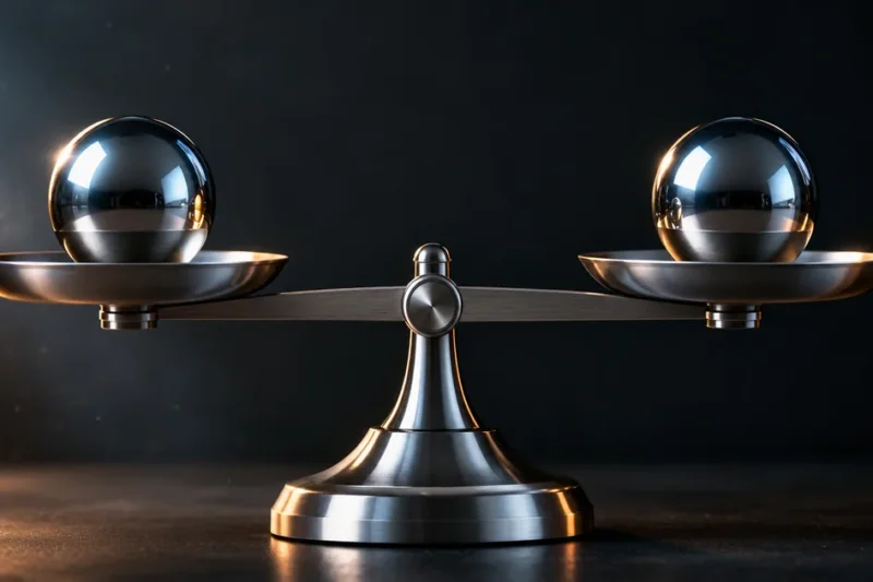A polished steel balance scale sitting perfectly level, with an identical mirror-polished chrome sphere on each pan, lit against a dark charcoal background