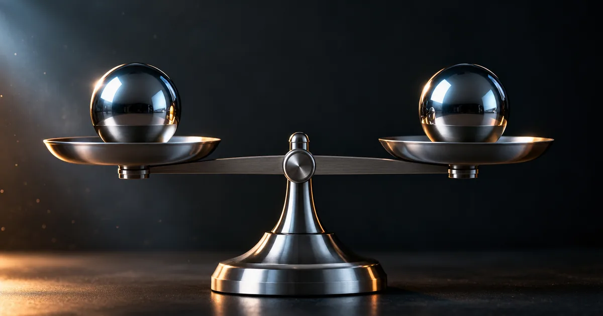 A polished steel balance scale sitting perfectly level, with an identical mirror-polished chrome sphere on each pan, lit against a dark charcoal background