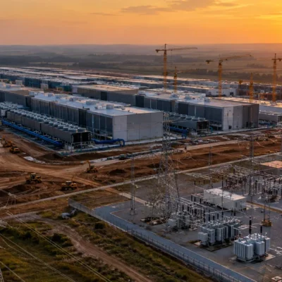 Aerial view of a large data center campus under construction on open land, with high voltage transmission towers and an electrical substation in the foreground at sunset