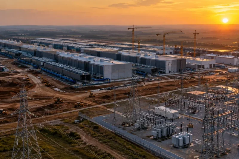Aerial view of a large data center campus under construction on open land, with high voltage transmission towers and an electrical substation in the foreground at sunset