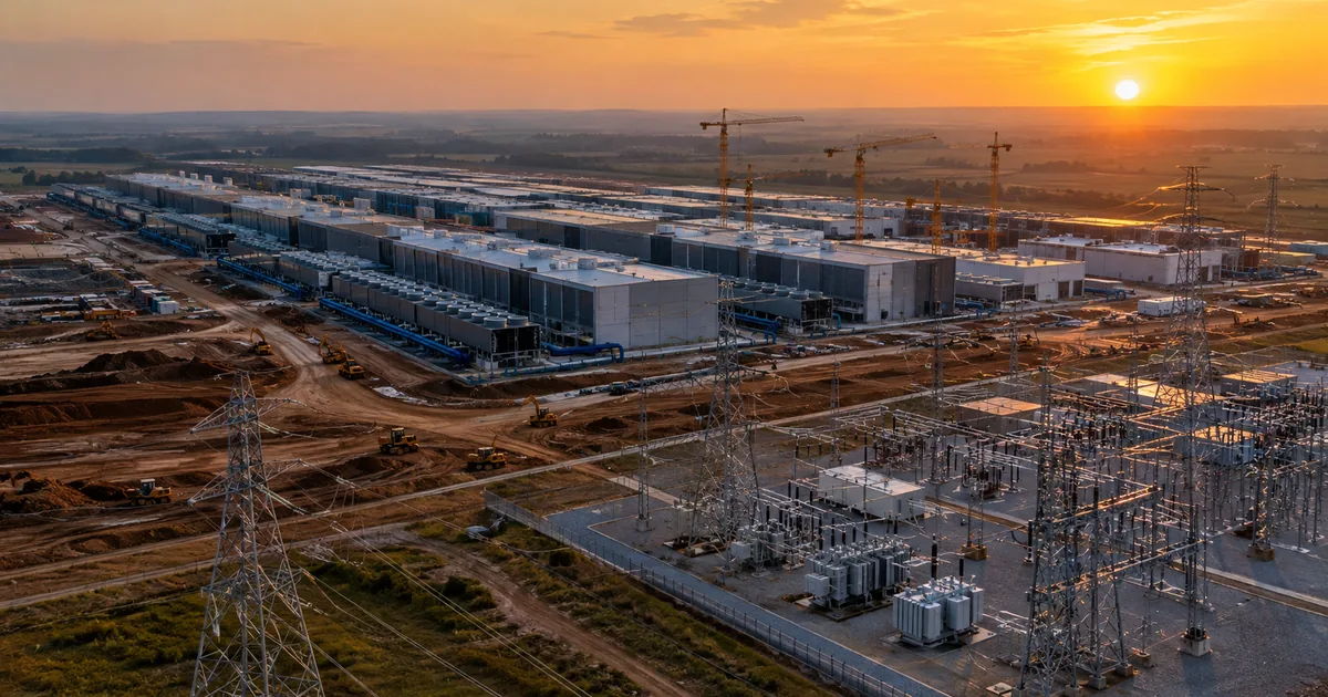 Aerial view of a large data center campus under construction on open land, with high voltage transmission towers and an electrical substation in the foreground at sunset