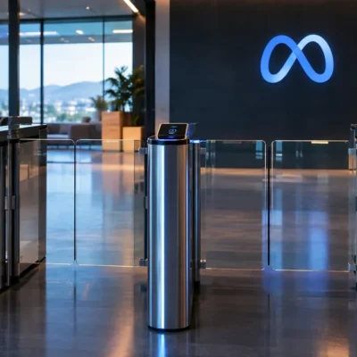 Brushed steel turnstile gates in a dark modern office lobby with the Meta infinity logo glowing on the wall behind them