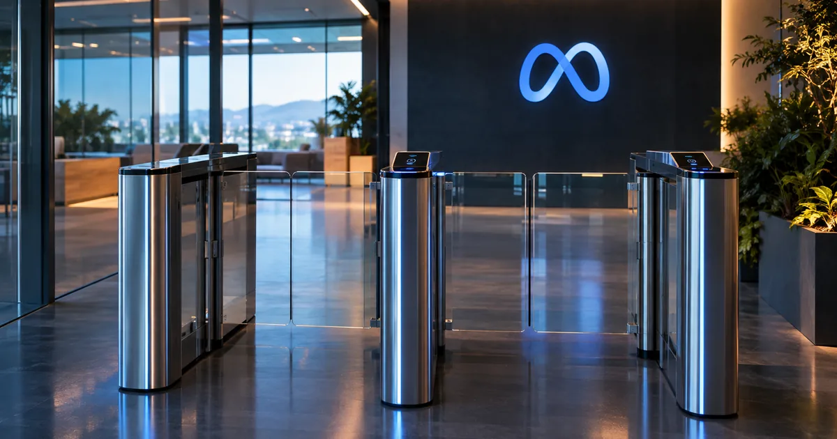Brushed steel turnstile gates in a dark modern office lobby with the Meta infinity logo glowing on the wall behind them