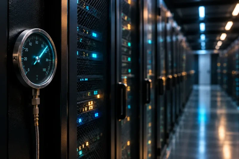 A brushed-metal analog gauge mounted on a server rack in a dark data center corridor, its needle lit by cyan light