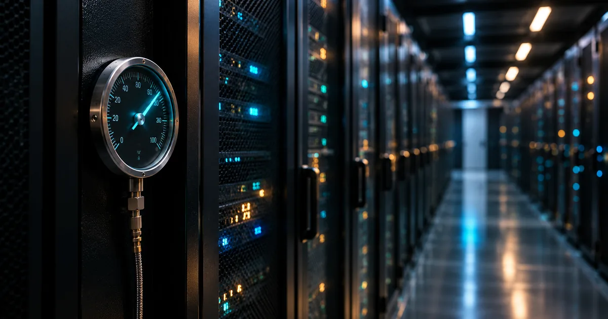 A brushed-metal analog gauge mounted on a server rack in a dark data center corridor, its needle lit by cyan light