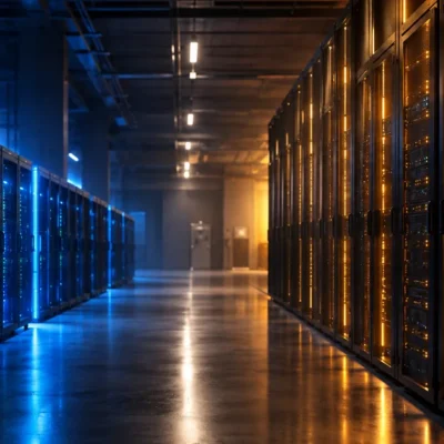 A dark data center corridor with one row of server racks glowing cool blue and a taller facing row glowing warm amber