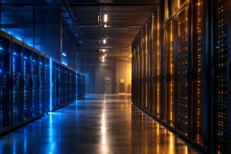 A dark data center corridor with one row of server racks glowing cool blue and a taller facing row glowing warm amber