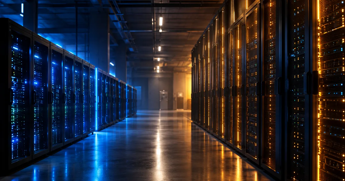 A dark data center corridor with one row of server racks glowing cool blue and a taller facing row glowing warm amber