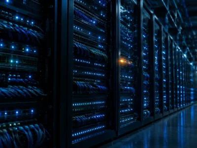 Racks of network print servers in a dark server room, rows of small blue status lights receding into the distance with one amber light
