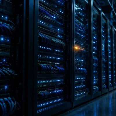 Racks of network print servers in a dark server room, rows of small blue status lights receding into the distance with one amber light