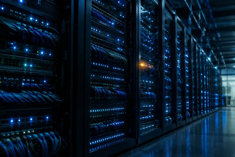 Racks of network print servers in a dark server room, rows of small blue status lights receding into the distance with one amber light