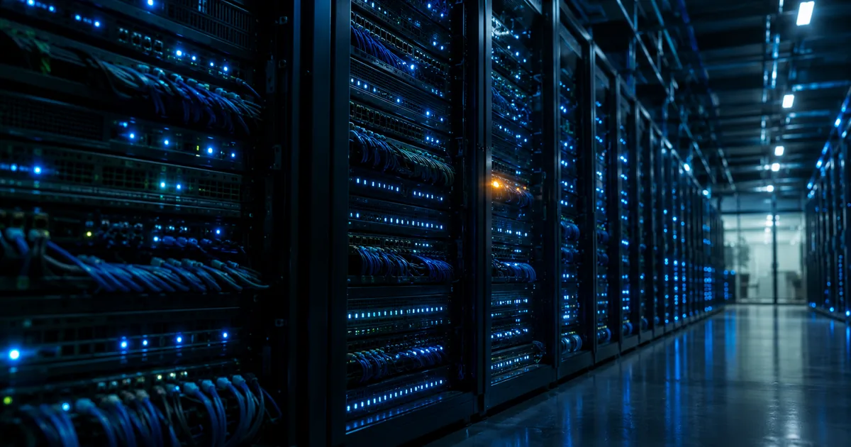 Racks of network print servers in a dark server room, rows of small blue status lights receding into the distance with one amber light