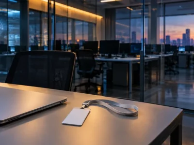 A single desk in a glass-walled AI research office at dusk, holding a closed laptop and a blank visitor access badge on a lanyard