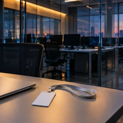 A single desk in a glass-walled AI research office at dusk, holding a closed laptop and a blank visitor access badge on a lanyard