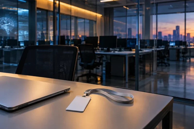 A single desk in a glass-walled AI research office at dusk, holding a closed laptop and a blank visitor access badge on a lanyard