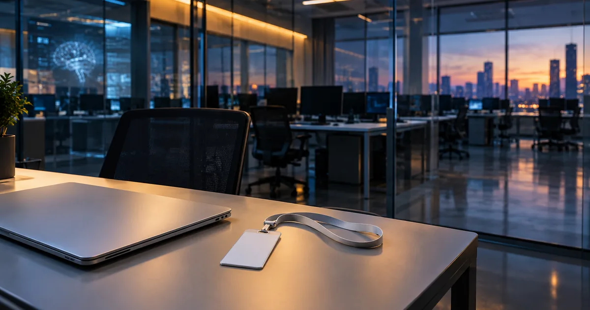 A single desk in a glass-walled AI research office at dusk, holding a closed laptop and a blank visitor access badge on a lanyard