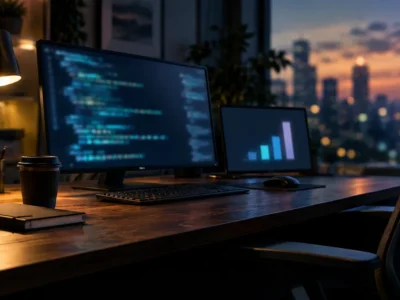 A dark wood desk at dusk with a monitor showing blurred lines of code and a second screen showing a simple bar chart, empty chair, city skyline behind